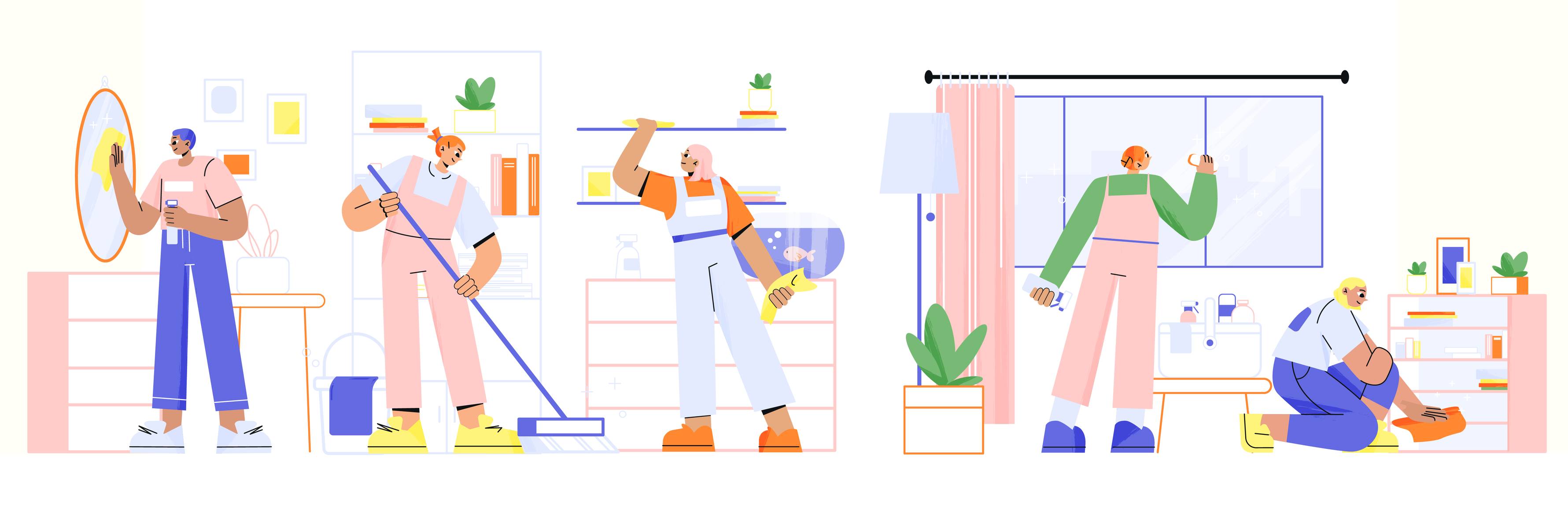李白清潔專家居家與空間清潔服務情境插畫